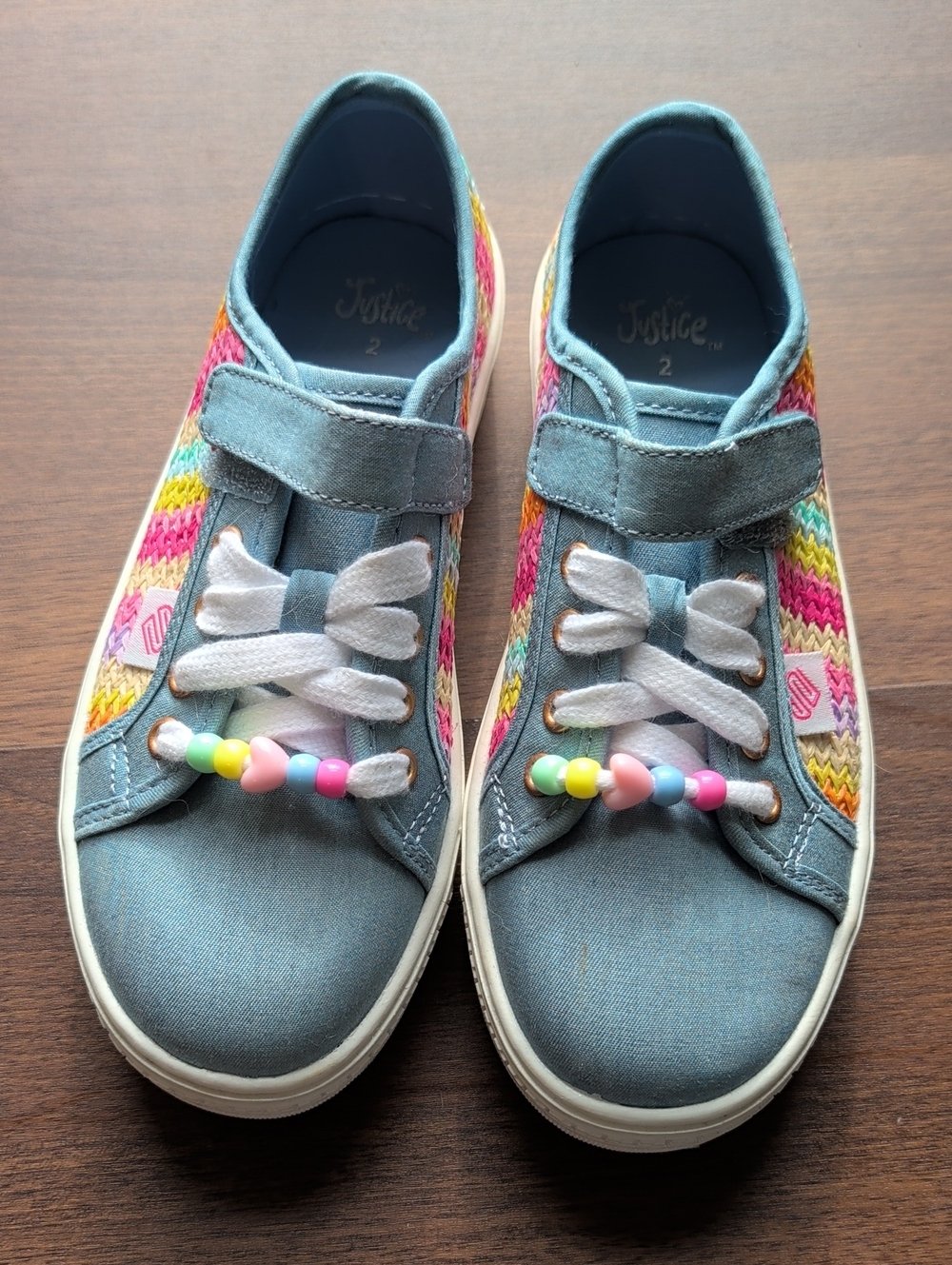 Justice Blue Canvas Sneakers with Rainbow Knit Panels and Pastel Bead Accents